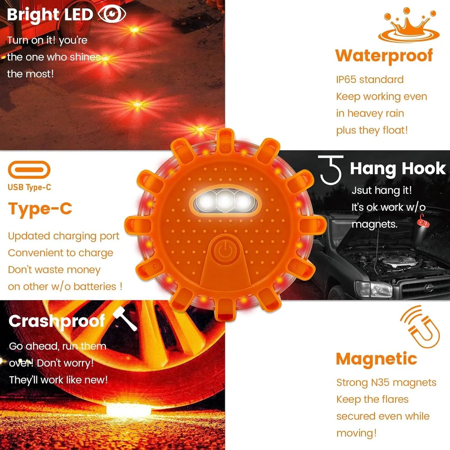 Rechargeable LED Road Flares – Magnetic Safety Beacon & Emergency Light Kit